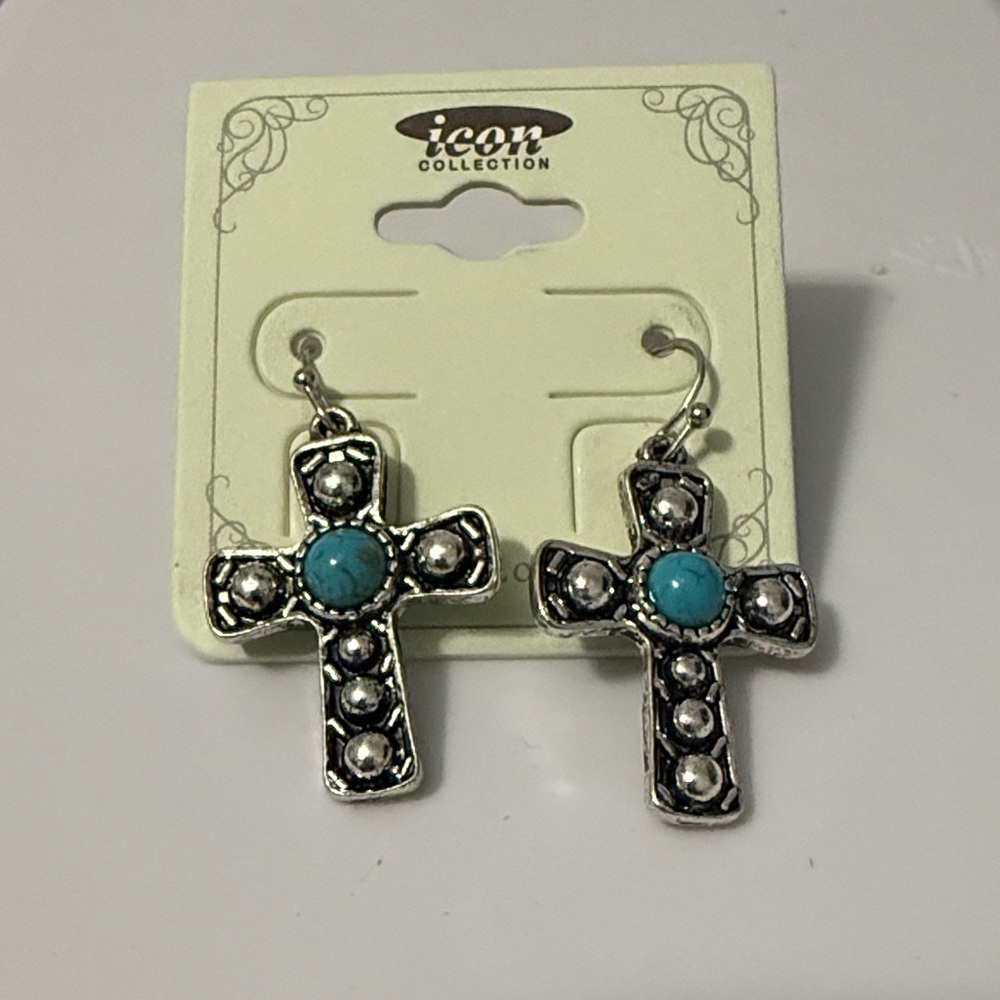 NWT Western Silver and Turquoise Cross Earrings